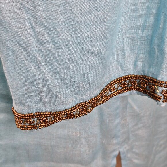 Chico's Size 2 (US Medium) Light Blue Tunic Gold Beaded 100% Linen 3/4 Sleeves - Picture 5 of 13